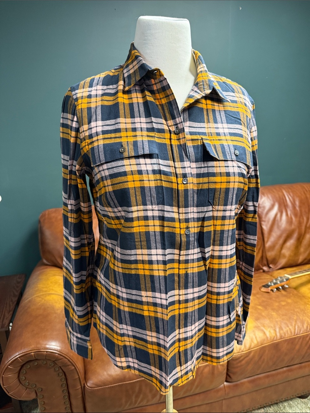 L.L. Bean Yellow, Navy & Cream Plaid Button-Down Shirt